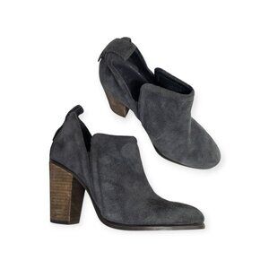 Vince Camuto Gray Suede Ankle Booties Wood Block Heel SZ 6.5